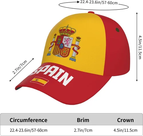 Vista 5 de Gorra de béisbol española con la bandera de España 3D con impresión completa para adultos, unisex, ajustable, gorra patriótica de fútbol, As Pic