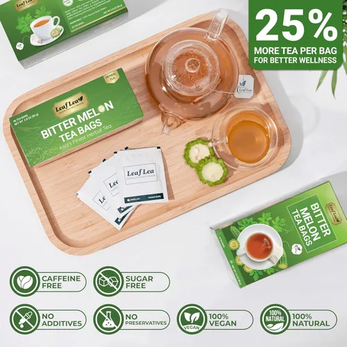 Vista 7 de LeafLea Bolsas de té de melón amargo natural, 40 bolsas de té de hierbas Cundeamor - Té de frutas Melon Amargo Gohyah Apoyo para el bienestar