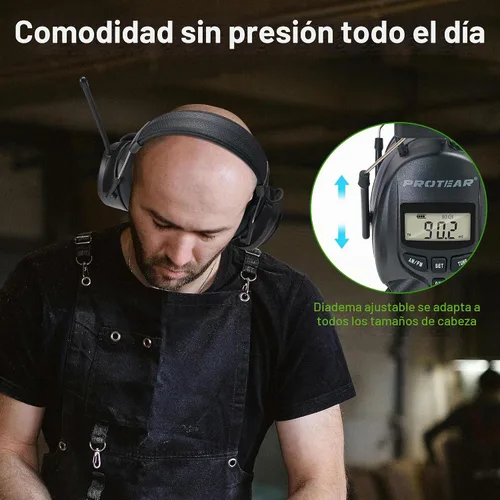 Vista 6 de Cascos protectores de oídos PROTEAR con radio AM/FM, auriculares con reducción de ruido de 25dB, orejeras de seguridad con pantalla digital Negro