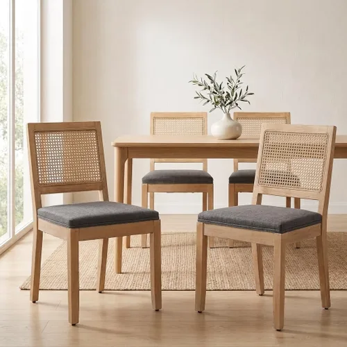 Vista 26 de French Country Dining Chairs Set of 2, Linen Upholstered Cane Back, Amber Soft linen upholstered seat with thick foam padding provides comfortable