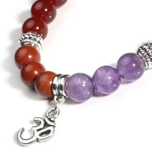 Vista 12 de Eigso Pulsera elástica de piedra de cristal de meditación curativa de 7 chakras para mujer con símbolo de loto, yoga, árbol, OM
