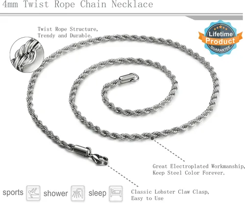 Vista 4 de FIBO STEEL Collar de cadena de cuerda de acero inoxidable de 0.157in para hombres de 16 a 30 pulgadas, color plateado dorado y negro, Metal