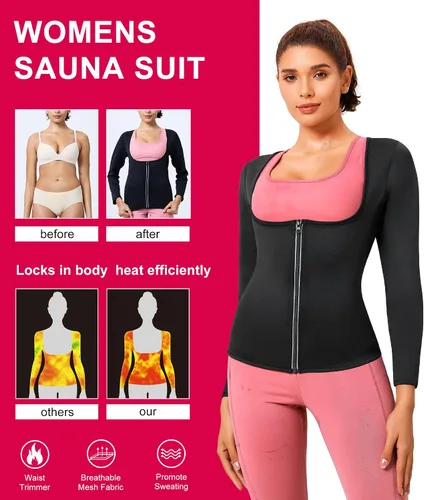 Vista 2 de Gotoly Mujer cintura entrenador caliente neopreno camisa sauna traje sudor cuerpo moldeador chaqueta superior cremallera manga larga