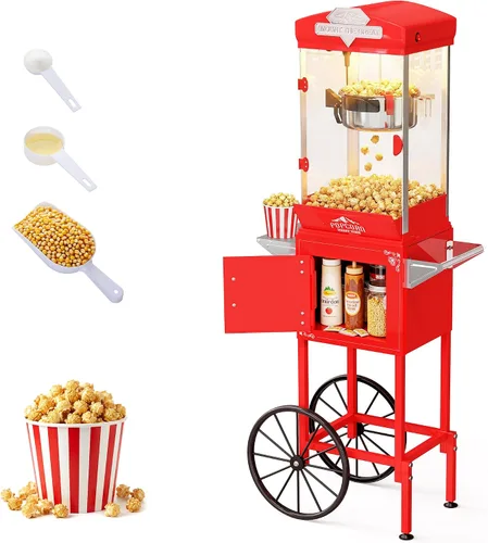 Vista 9 de Máquina de palomitas de maíz, carrito de máquina de palomitas vintage de 10 onzas con ruedas, estilo profesional de cine para hacer hasta 40 tazas