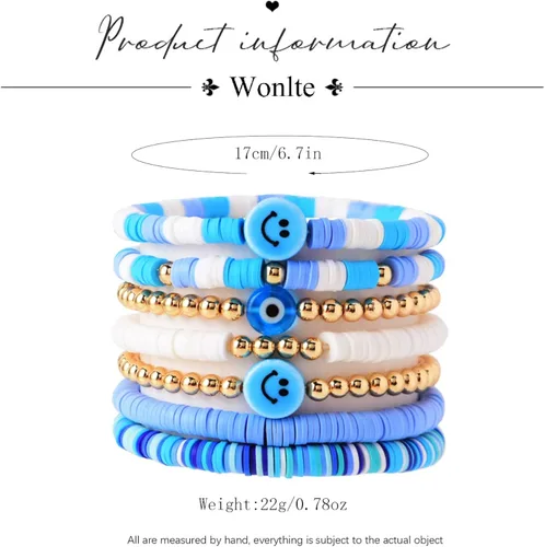 Vista 6 de Wonlte - Juego de pulseras de cuentas de arcilla Heishi, pulseras elásticas apilables con cuentas de mal de ojo, pulseras elásticas apilables