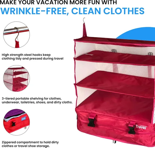 Vista 4 de Stow-N-Go Estantes de viaje colgantes portátiles, organizador de equipaje para equipaje. Armario de mano con colgador para ropa. Cubo de embalaje