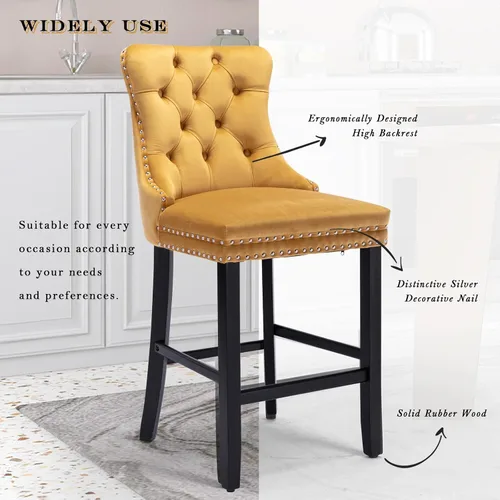 Vista 178 de SoarFlash Juego de 2 taburetes de bar tapizados de terciopelo moderno con patas de madera, botones acolchados, cabeza de clavo cromada, asiento