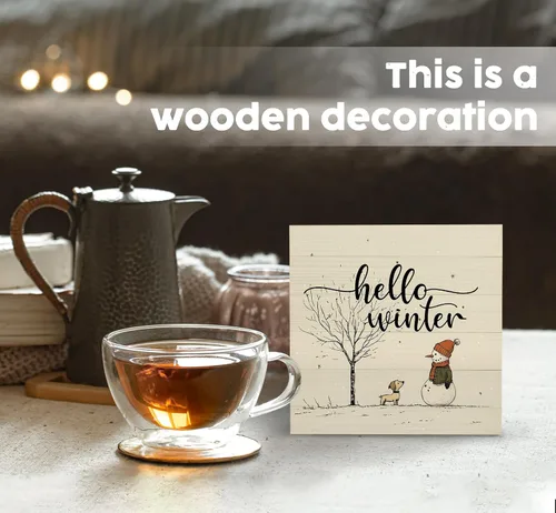 Vista 2 de Letrero Hola Invierno, Decoraciones de Invierno para el Hogar, Letrero de Caja de Madera de Muñeco de Nieve de Navidad, Letreros de Madera de Muñeco