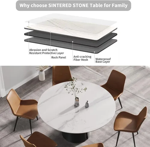 Vista 7 de Mesa de comedor moderna de 59.05 pulgadas para 8, mesa de comedor con piedra sinterizada blanca y base de acero al carbono negro, mesa de cocina