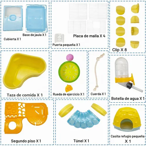Vista 6 de Hamiledyi Jaula portátil para hámster de 2 niveles, hábitat de hámster enano, jaula de viaje para animales pequeños con rueda de ejercicio, recinto