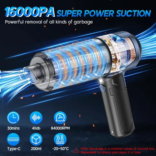 Vista 3 de JONYJ Aspiradora de mano para automóvil, aspiradora de mano de 16000 PA, portátil, inalámbrica, 2 en 1 plumero de aire y aspiradora con luz LED