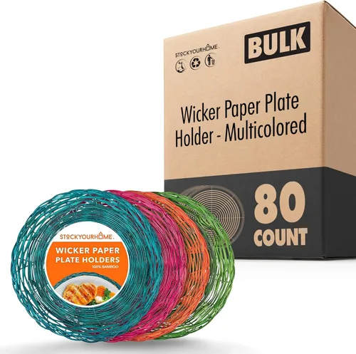Vista 9 de Stock Your Home Soporte para platos de papel de bambú de 10 pulgadas (4 unidades) – Soportes de platos de papel reutilizables de mimbre resistente