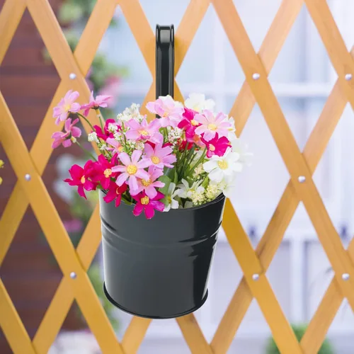 Vista 5 de KINGLAKE Macetas de flores, 10 macetas de metal para colgar en hierro, balcón, jardín, plantas, cestas para vallas, 4 pulgadas, soportes para flores