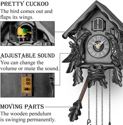 Vista 3 de TIMEGEAR Reloj de cuco con modo nocturno, pájaro cantante, decoraciones de madera y péndulo oscilante