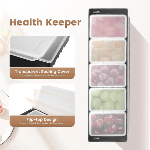 Vista 3 de Dispensador de condimentos de 5 compartimentos, bandeja de comida refrigerada, barra de ensalada, plástico transparente, fácil de limpiar, adecuado