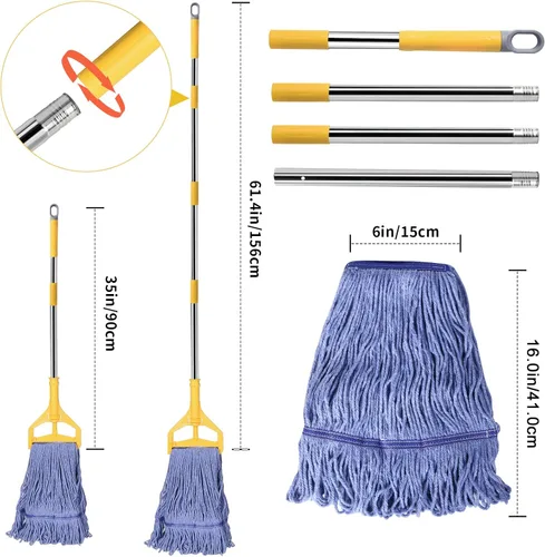 Vista 4 de Trapeador comercial, trapeador industrial resistente con mango de 63 pulgadas Looped-End String Wet Mops for Floor Cleaning for Warehouse