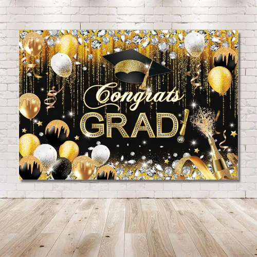 Vista 6 de MEHOFOND Telón de fondo con texto en inglés "Congrats Grad" para la clase de 2025, decoraciones de fiesta de graduación para fotografía