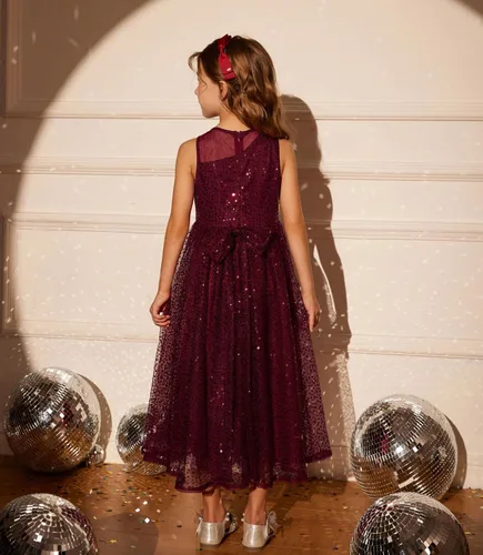 Vista 2 de GRACE KARIN Vestido de fiesta de lentejuelas para niñas, sin mangas, brillante, elegante, acampanado, maxi vestidos de 5 a 12 años