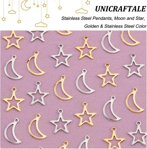 Vista 4 de UNICRAFTALE Dijes huecos de estrella y luna, 80 dijes de acero inoxidable, 2 colores, colgante de agujero pequeño, colgantes de metal, dijes planos