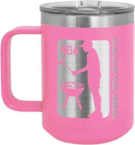 Vista 5 de National Grill Association Taza de café negra de 15 oz con tapa deslizante Taza de café de viaje aislada Idea de regalo para barbacoa y parrilla