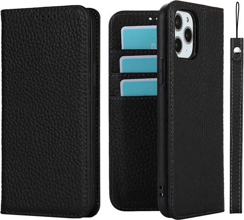 Vista 10 de iCoverCase Compatible con iPhone 11 Pro Max, funda magnética de piel auténtica con bloqueo RFID, correa para la muñeca y ranuras para tarjetas, Verde