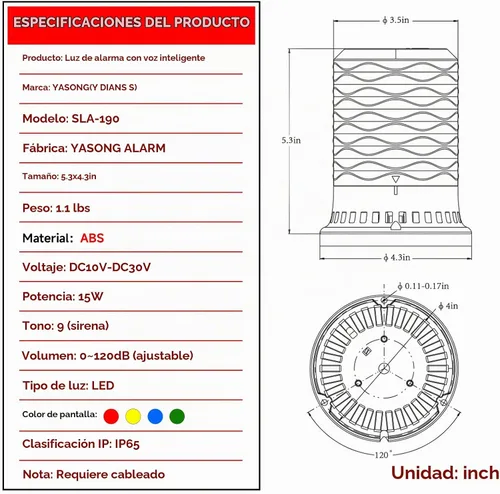 Vista 7 de Luz de sirena estroboscópica LED, lámpara intermitente giratoria industrial baliza 9 tonos cuerno 120dB para camión, carretilla elevadora, taller