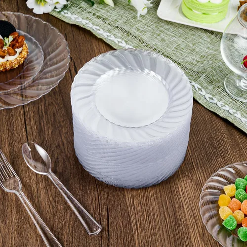 Vista 7 de FOCUSLINE 100 unidades de platos de plástico transparente de 6 pulgadas, platos desechables de plástico duro premium para ensalada y postre - Platos