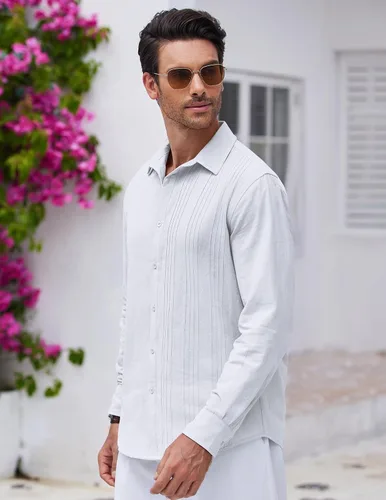 Vista 4 de COOFANDY Camisa cubana de lino guayabera con botones y manga larga para hombre