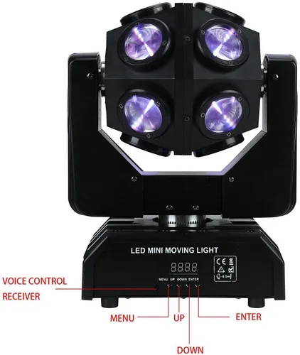 Vista 5 de Luz LED de cabeza móvil de 150 W, 4 en 1, RGBW, 12 luces LED de escenario giratorias, DMX512, activadas por sonido, luces de haz de DJ, luz