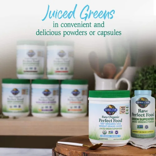 Vista 10 de Garden of Life Raw 100% orgánico Perfect Food Jugo de hierba de trigo de Estados Unidos – Superalimento en polvo verde, 60 porciones – sin stevia