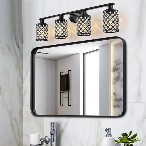 Vista 7 de Moderna lámpara de tocador de baño de cristal negro con 4 luces, montaje arriba/abajo, E26, espejo de pared con cable para baño, tocador, vestidor
