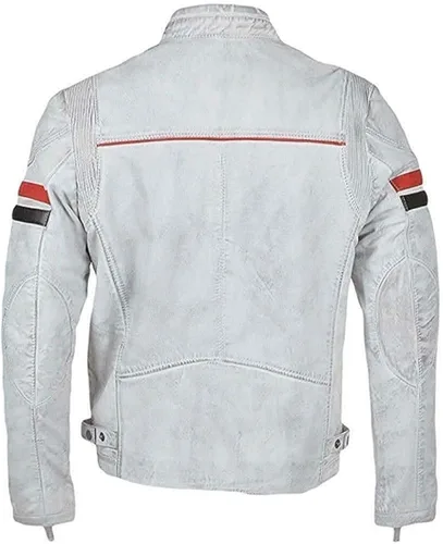 Vista 3 de UGFashions Mens Vintage Cafe Racer Retro White Motorcycle Red Black Stripes Biker Cowhide Leather Jacket