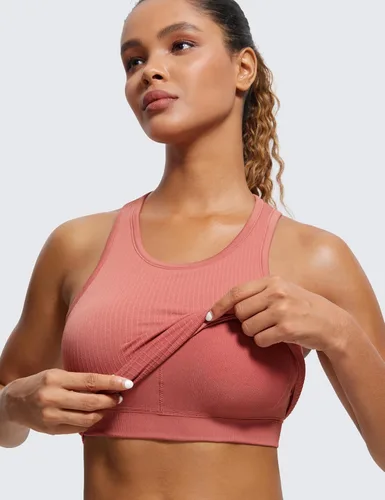 Vista 3 de CRZ YOGA Brasier deportivo de cuello alto acanalado sin costuras para mujer, espalda cruzada, acolchado, ajustado, con brasier integrado