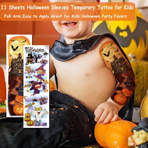 Vista 2 de CHARLENT Tatuajes temporales de brazo completo de Halloween para niños, 11 hojas de tatuajes de Halloween de brazo completo para niños y niñas