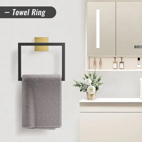 Vista 3 de YACVCL Juego de Barra de Toallas, Juego de 5 Piezas de Accesorios de Baño Negro y Dorado, Juego de Accesorios de Baño Negro y Dorado, Soporte