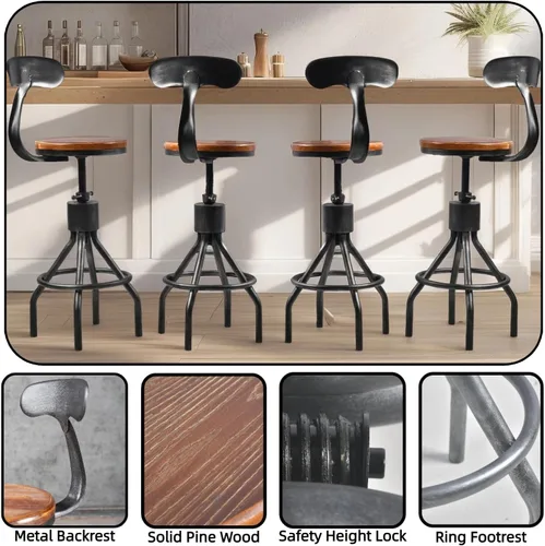 Vista 3 de Juego de 2 taburetes de bar vintage, silla giratoria industrial para cocina, comedor, altura de 23-33 pulgadas, con respaldo Plateado