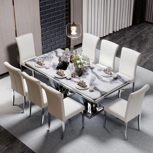 Vista 5 de ACEDÉCOR Mesa de comedor, mesa de comedor rectangular moderna de 78 pulgadas para 6-8 personas, parte superior de textura gris y base geométrica