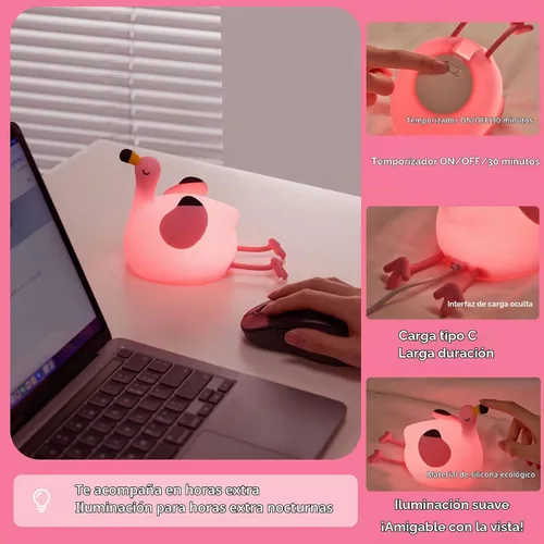 Vista 4 de Flamingo Night Light for Kids, Pink Silicone Squishy Dimmable Nursery Lamp Lámpara Flamingo