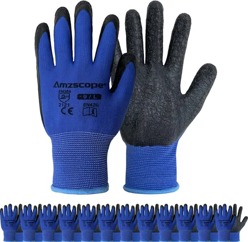 Vista 9 de Guantes de trabajo con revestimiento de poliuretano, 12 pares, guantes de jardín finos para hombres y mujeres, ideales para trabajo ligero
