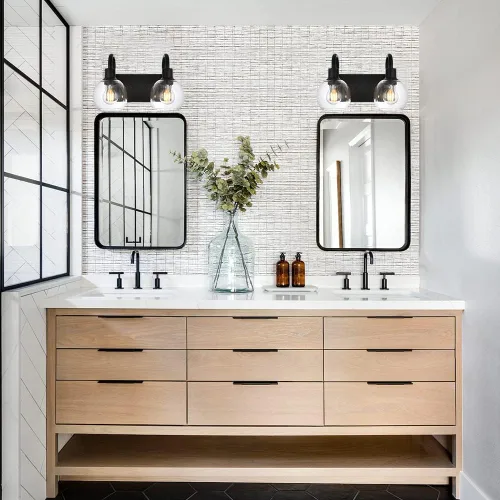 Vista 3 de Luz de tocador de baño con vidrio esmerilado en forma de globo de 2 luces, aplique de pared industrial negro para vestíbulo o pasillo