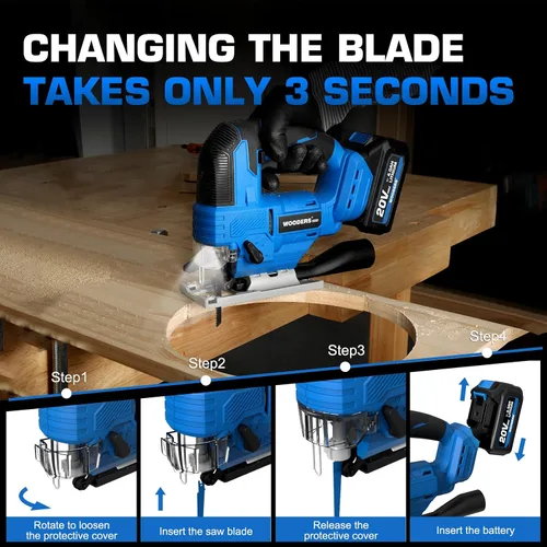 Vista 7 de Sierra de calar inalámbrica sin escobillas de 20 V con batería de 4.0 Ah 3200SPM, carrera de 1 pulgada Heavy-Duty Variable Speed Jigsaw Tool with