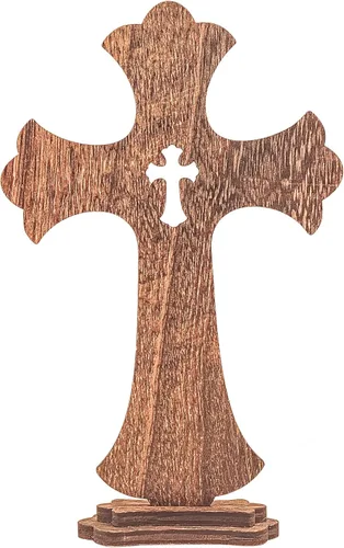 Vista 6 de Cruzes de pie de madera marrón de 9 pulgadas, paquete de 12, cruz de mesa rústica de madera para centros de mesa de bautismo, decoración de iglesia