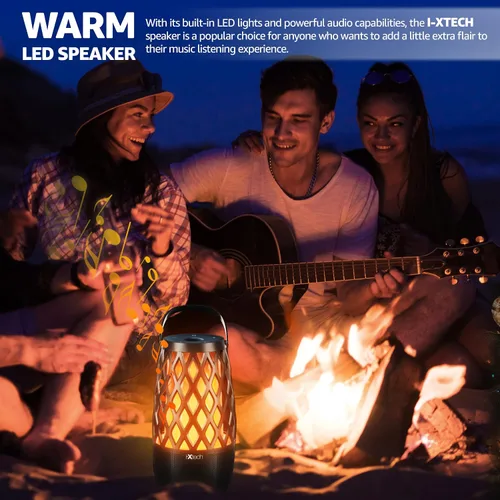 Vista 4 de IXTECH Altavoz Bluetooth para exteriores, impermeable, inalámbrico, con luz de llama LED, altavoz Bluetooth para ducha para camping, patio