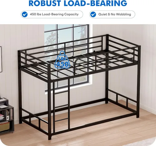Vista 4 de Litera de metal bajo para niños, con escalera incorporada, barandilla alta y listones de metal, litera inferior de cama de suelo, no requiere Negro