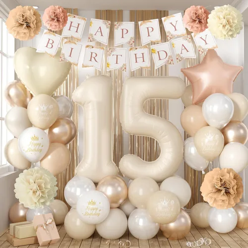 Vista 16 de Decoraciones de cumpleaños número 13 en crema para niñas, globos beige con número 13 en forma de corazón y estrella marrón, globos neutros