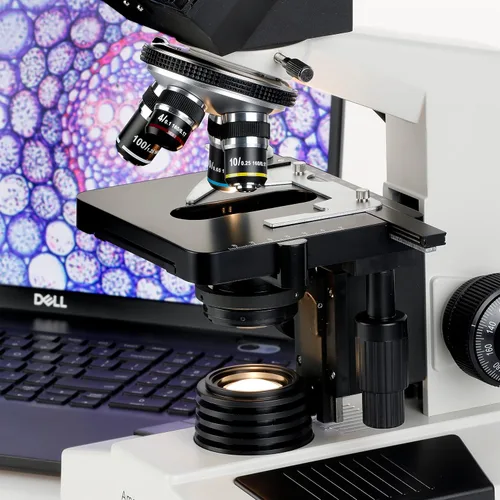 Vista 2 de AmScope Microscopio trinocular compuesto profesional digital T390B-3M, aumento 40X-2000X, oculares WF10x y WF20x, campo brillante, iluminación