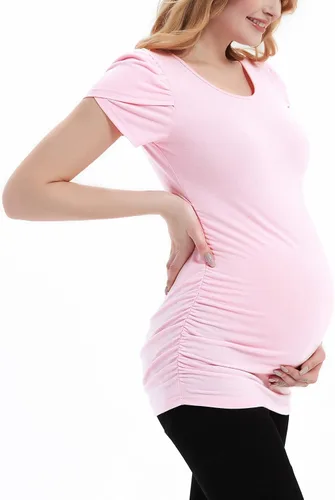 Vista 3 de DEBELLY Camiseta de maternidad con manga corta de pétalos, túnica de embarazo lateral fruncida para uso casual, camiseta básica de maternidad