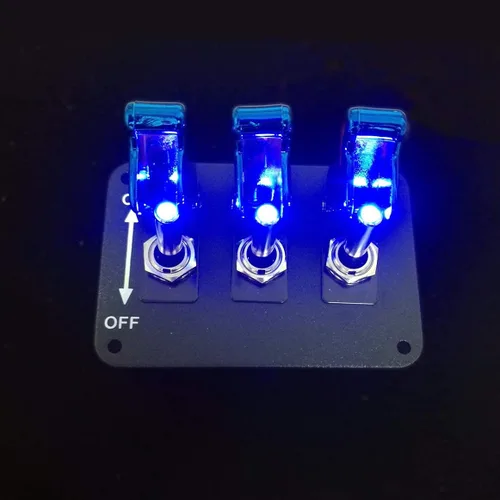 Vista 4 de Panel de interruptor de palanca, interruptor de encendido universal de 12 V, cubierta de 3 filas, revestimiento azul, panel de superficie anodizada
