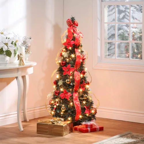 Vista 2 de Fox Valley Traders Árbol de flor de pascua roja de 4 pies, Northwoods Greenery 4 Foot Rojo