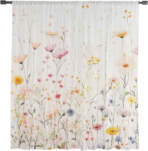 Vista 2 de Cortinas traslúcidas con estampado de flores botánicas de 45 pulgadas de largo, panel de cortina de gasa con estampado de acuarela y flores